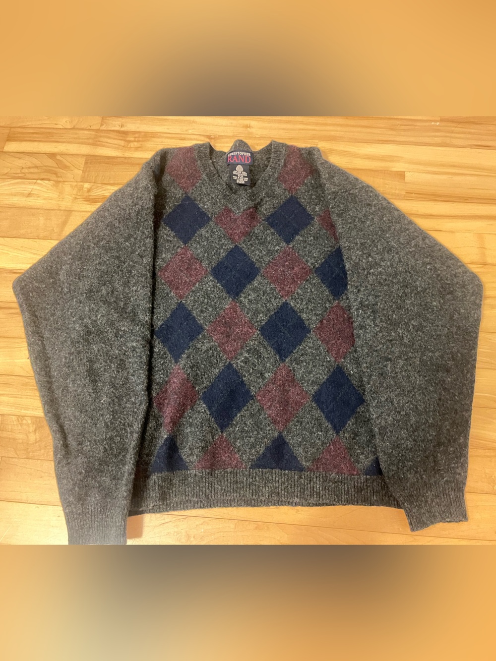 Christopher Rand Gray V-Neck Wool Argyle Sweater